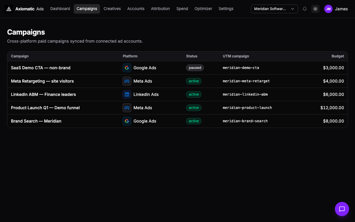 Ads — campaign list with Google, Meta, and LinkedIn sync status in Axiomatic