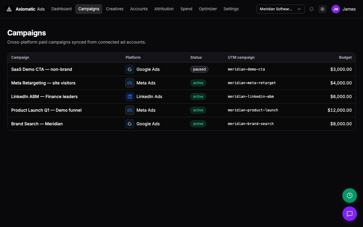Ads — campaign list with Google, Meta, and LinkedIn sync status in Axiomatic