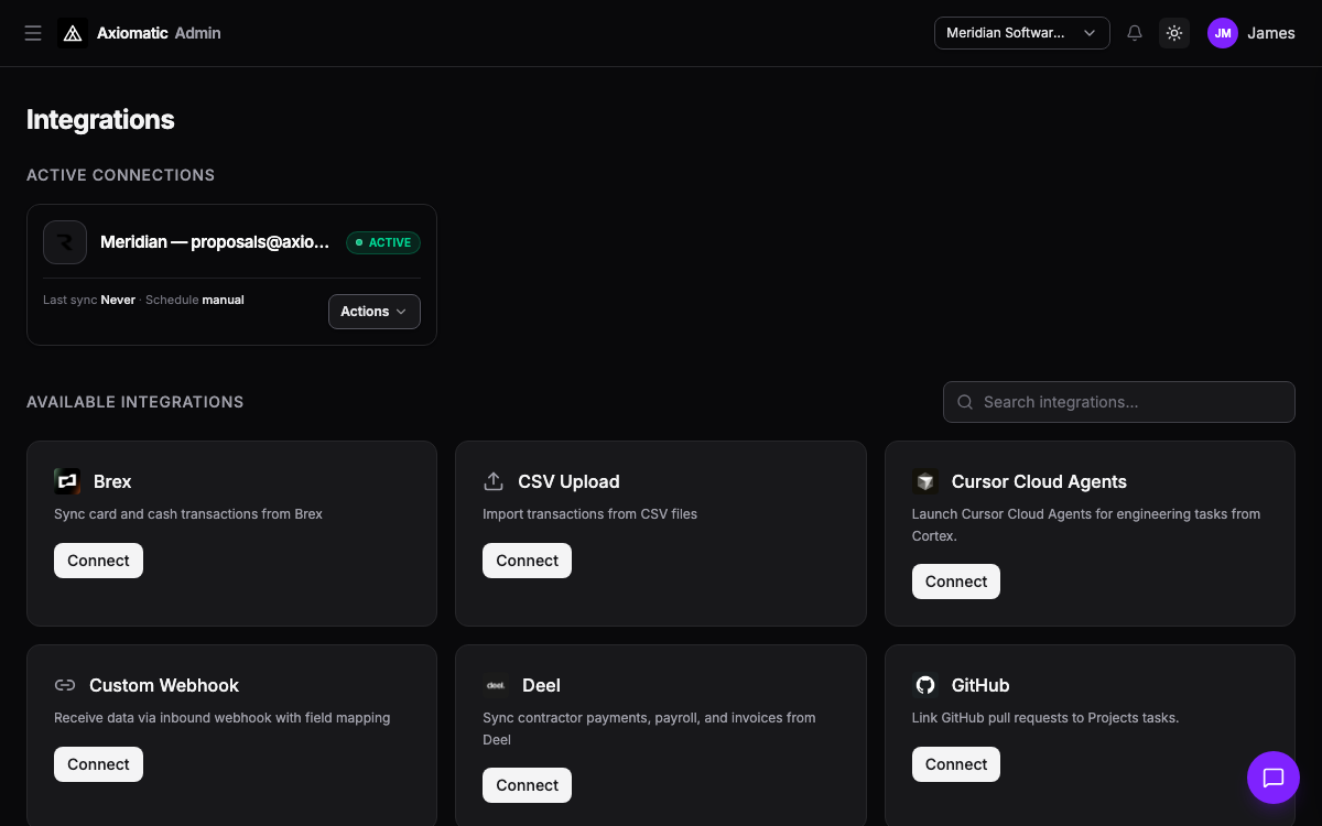 Admin — integrations and connected systems in Axiomatic