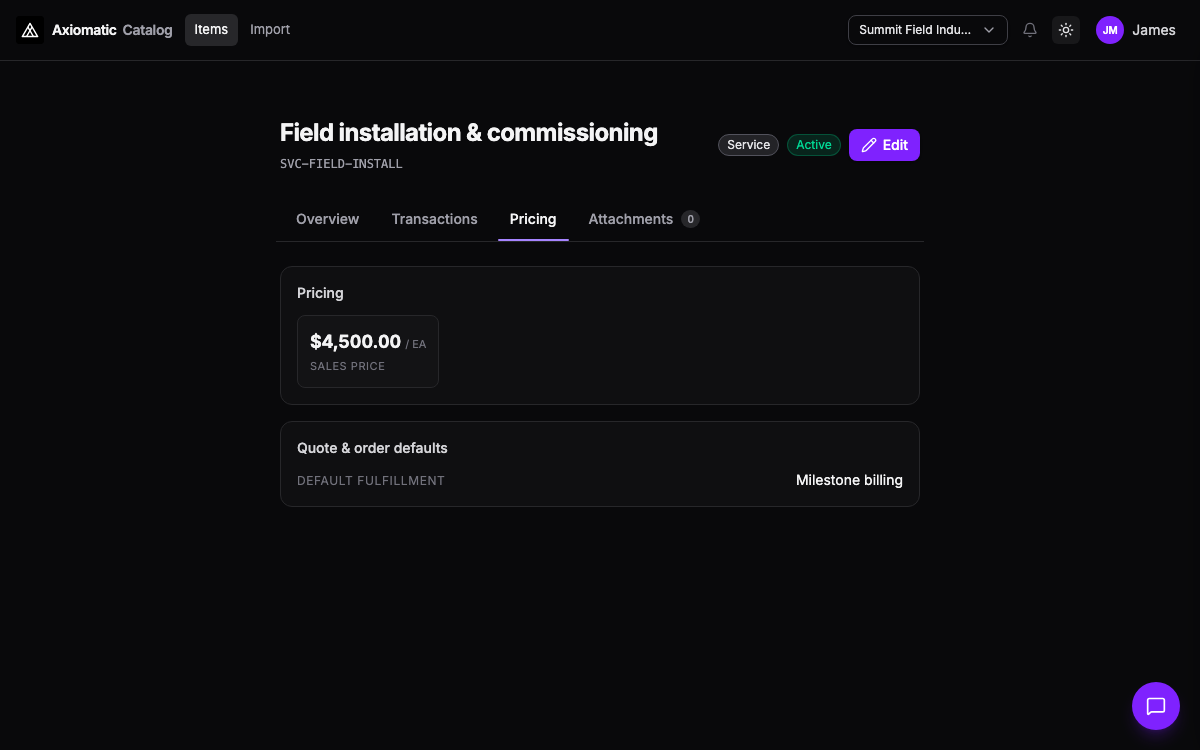 Catalog — service list price and fulfillment defaults in Axiomatic