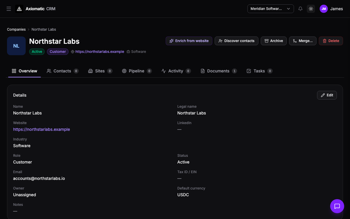 CRM — company record with contacts, activity, and deal context in Axiomatic