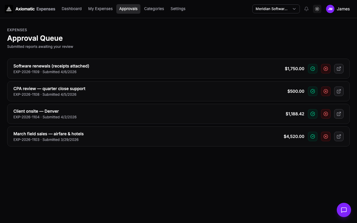 Expenses — approvals queue and policy-driven review in Axiomatic