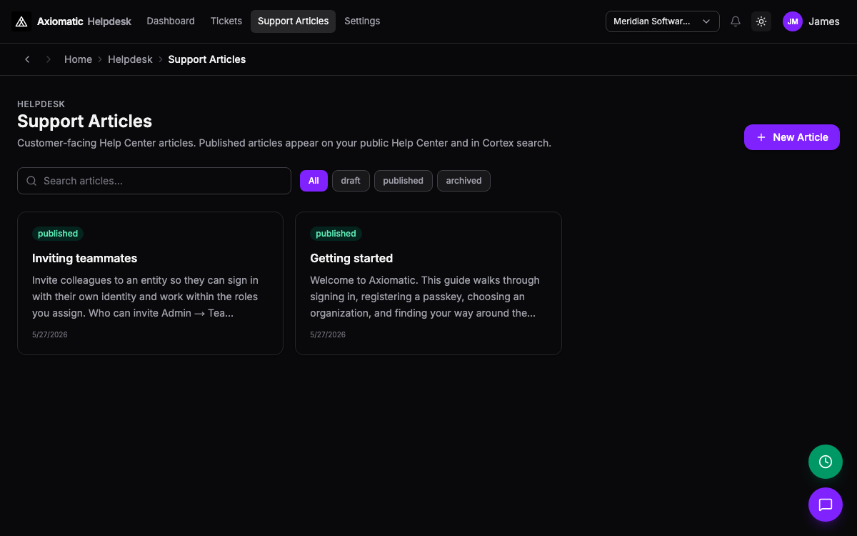 Helpdesk — internal knowledge base beside support in Axiomatic