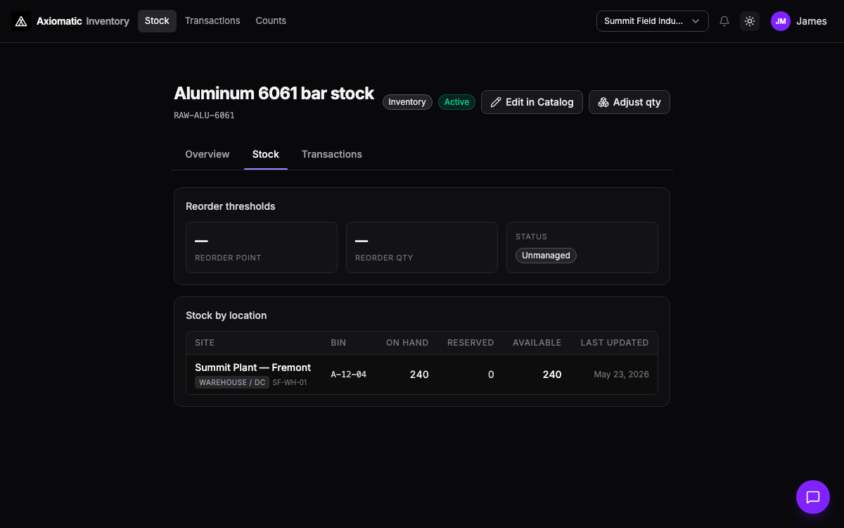 Inventory — stock by location with bins and on-hand quantities in Axiomatic