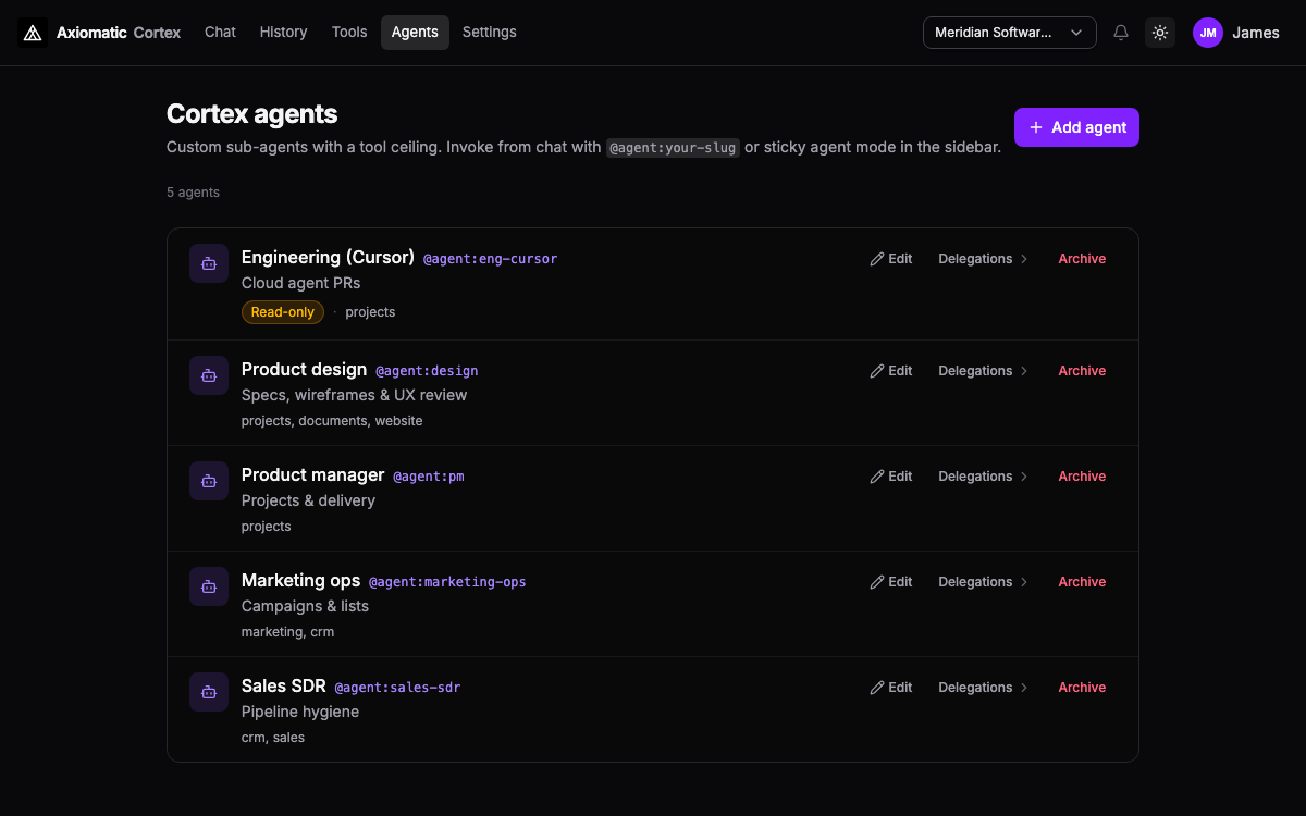 Luca — custom agent pods with scoped tool policies and presets in Axiomatic