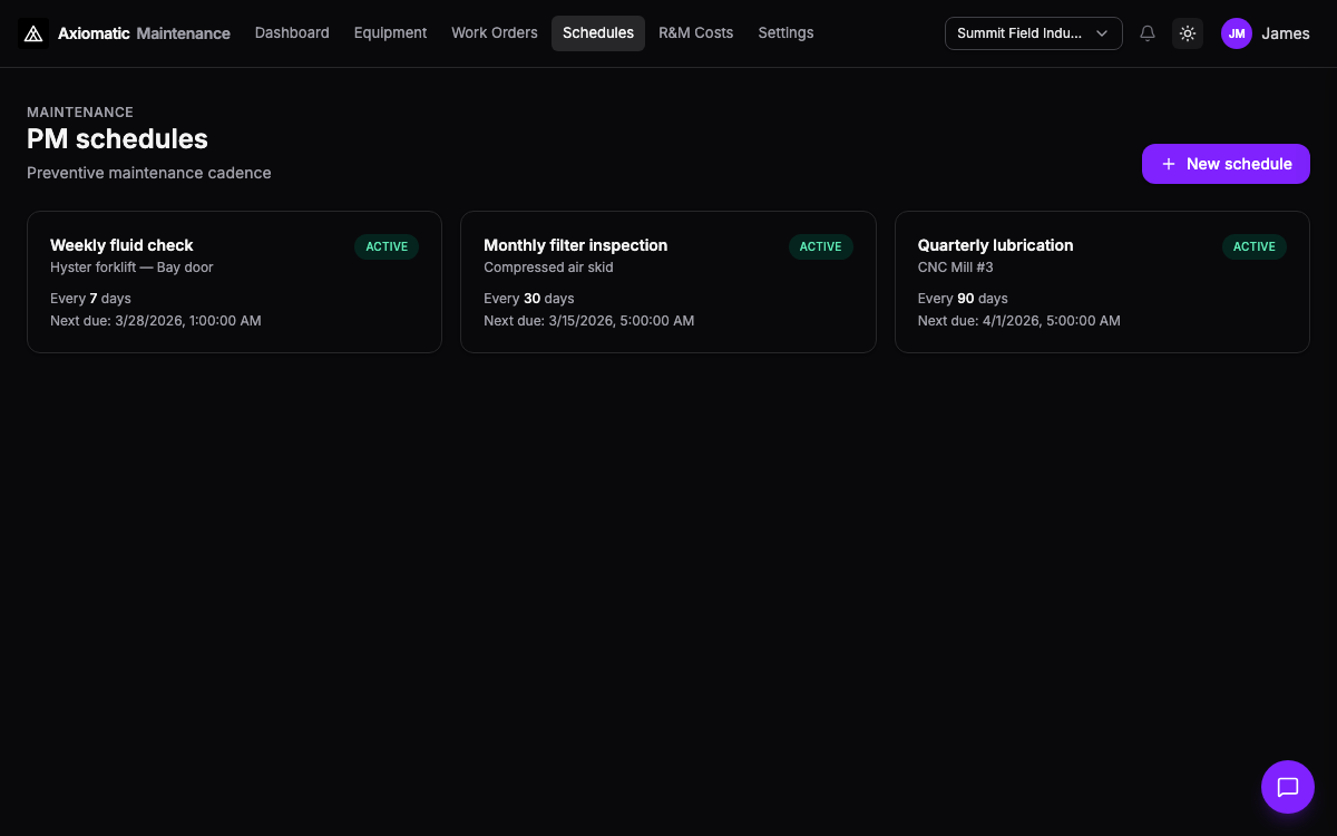Maintenance — preventive schedules and PM calendar in Axiomatic