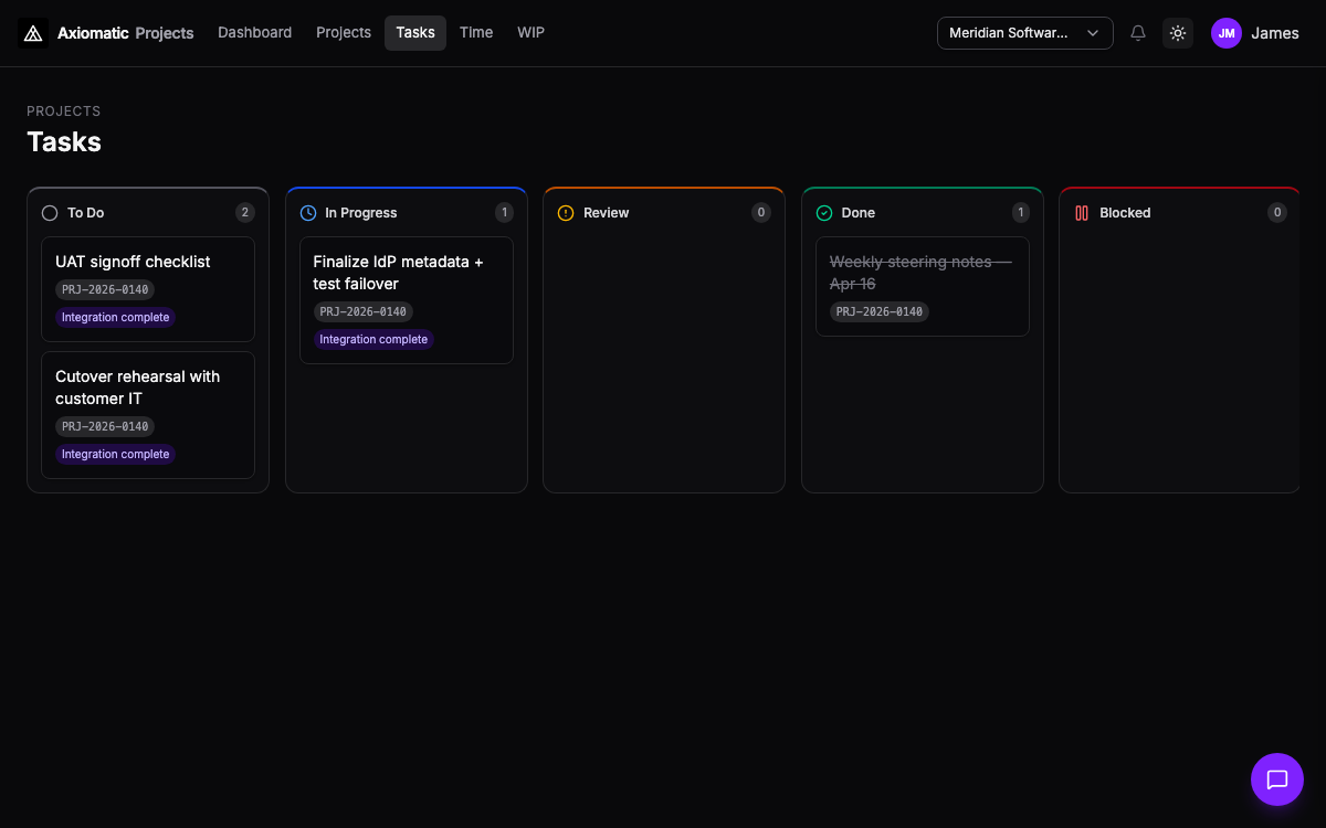 Projects — task backlog and execution detail in Axiomatic