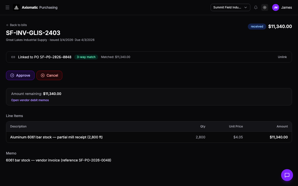Purchasing — vendor bill with lines and amounts in Axiomatic