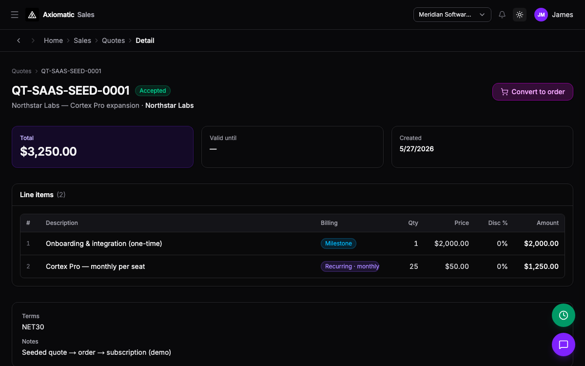 Sales — quote detail with line items and convert-to-order in Axiomatic