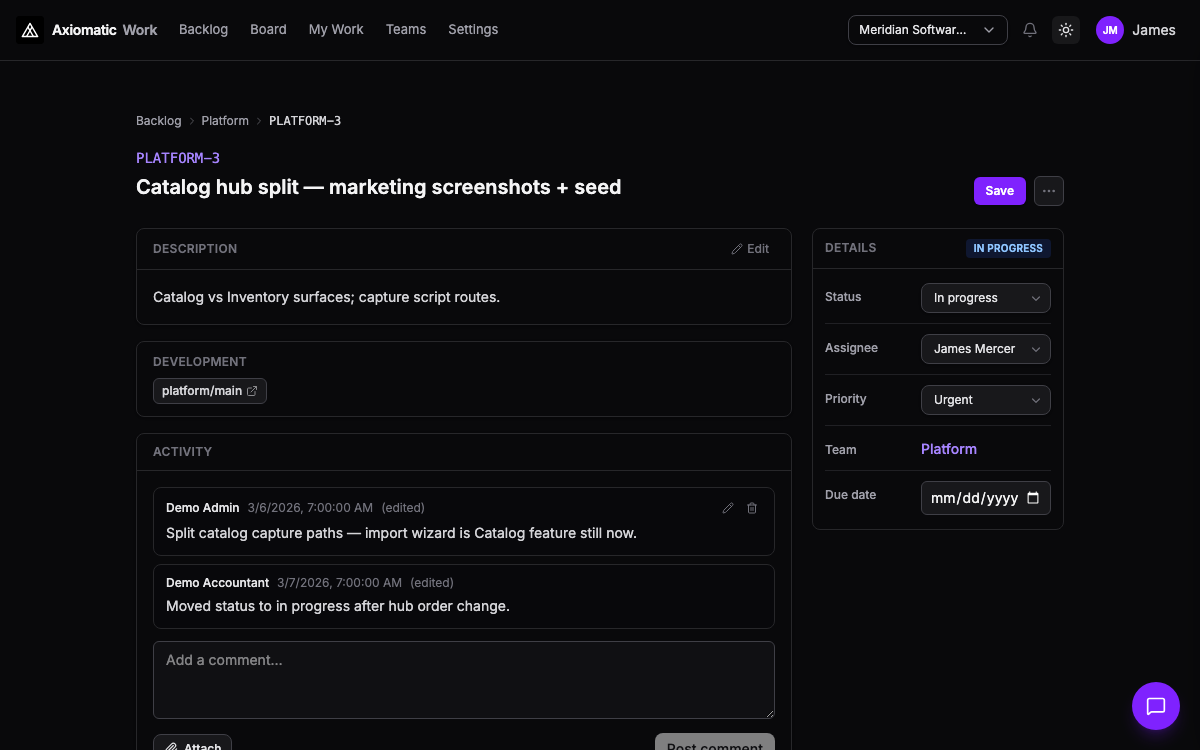 Work — issue detail with activity thread, priority, and external links in Axiomatic