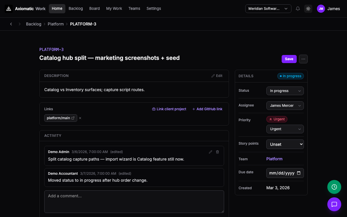 Backlog — issue detail with activity thread, priority, and external links in Axiomatic