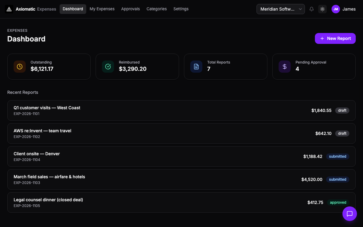 Expenses — expense reports and approvals in Axiomatic