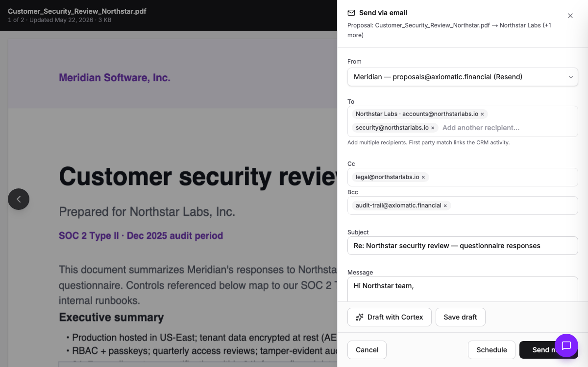 CRM — multi-recipient outbound email compose with To, Cc, and Bcc on a customer document in Axiomatic