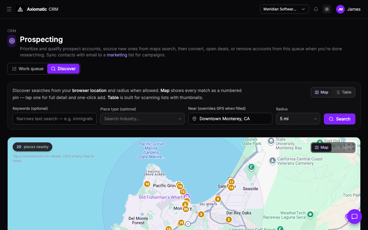CRM — Discover prospecting map with nearby places and numbered pins in Axiomatic