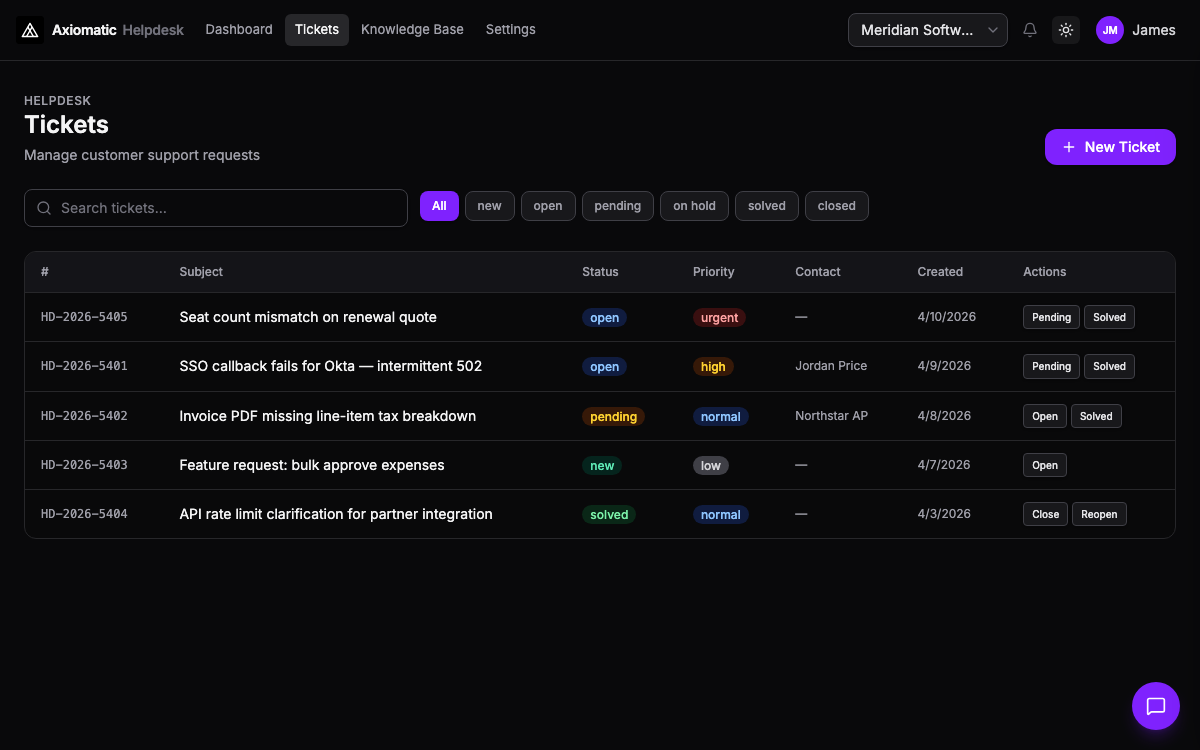 Helpdesk — tickets, SLAs, and customer support in Axiomatic