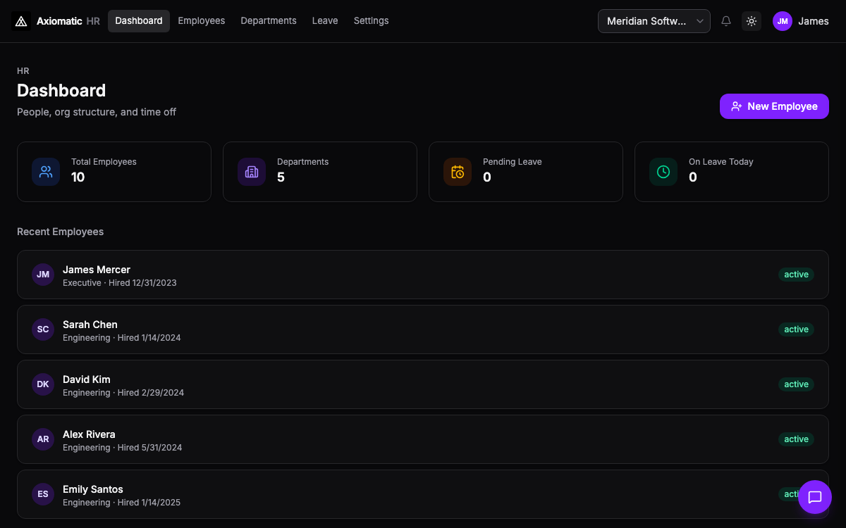 HR — employees, time off, and org structure in Axiomatic