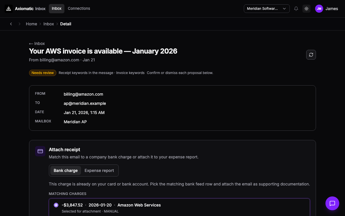 Inbox — AWS receipt triage with bank charge match proposal in Axiomatic