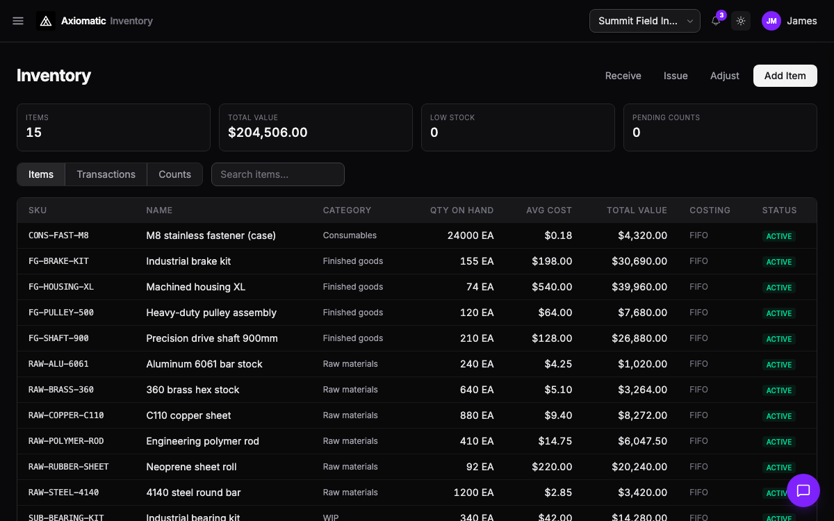 Inventory — stock, locations, and movements in Axiomatic