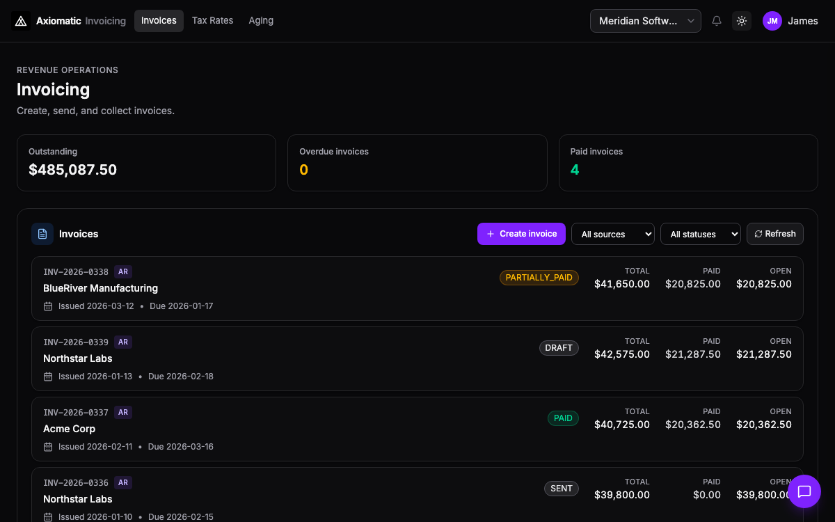 Invoicing — invoices and receivables in Axiomatic