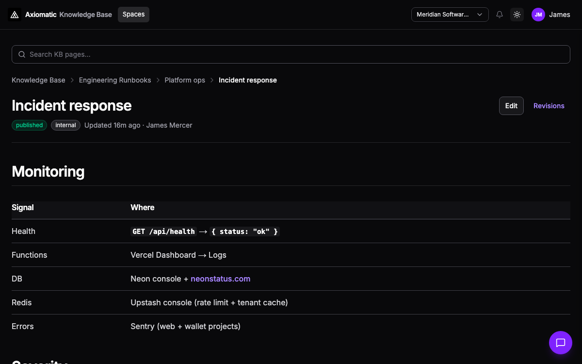Knowledge Base — spaces, runbook indexes, and published articles with visibility controls in Axiomatic