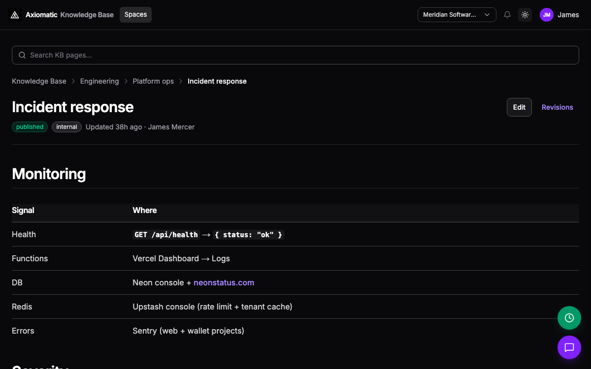 Knowledge Base — spaces, runbook indexes, and published articles with visibility controls in Axiomatic
