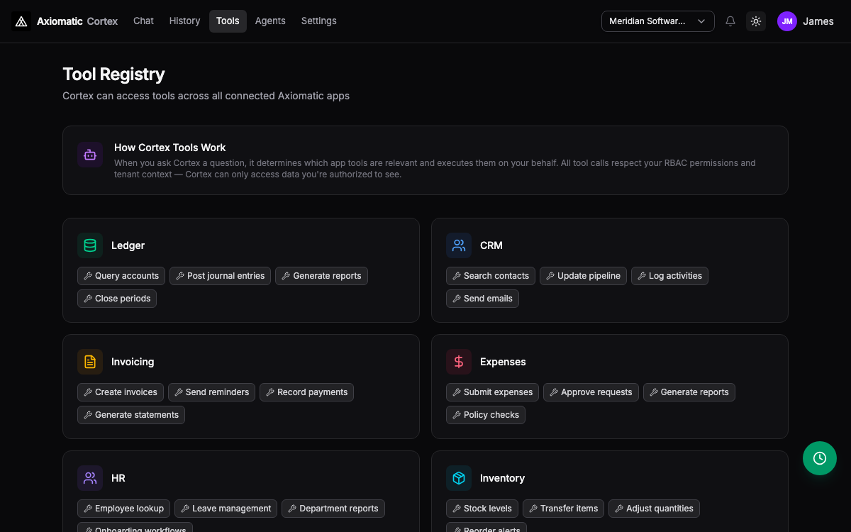 Luca — tool registry across modules with RBAC-scoped capabilities (Ledger, CRM, inventory, and more) in Axiomatic