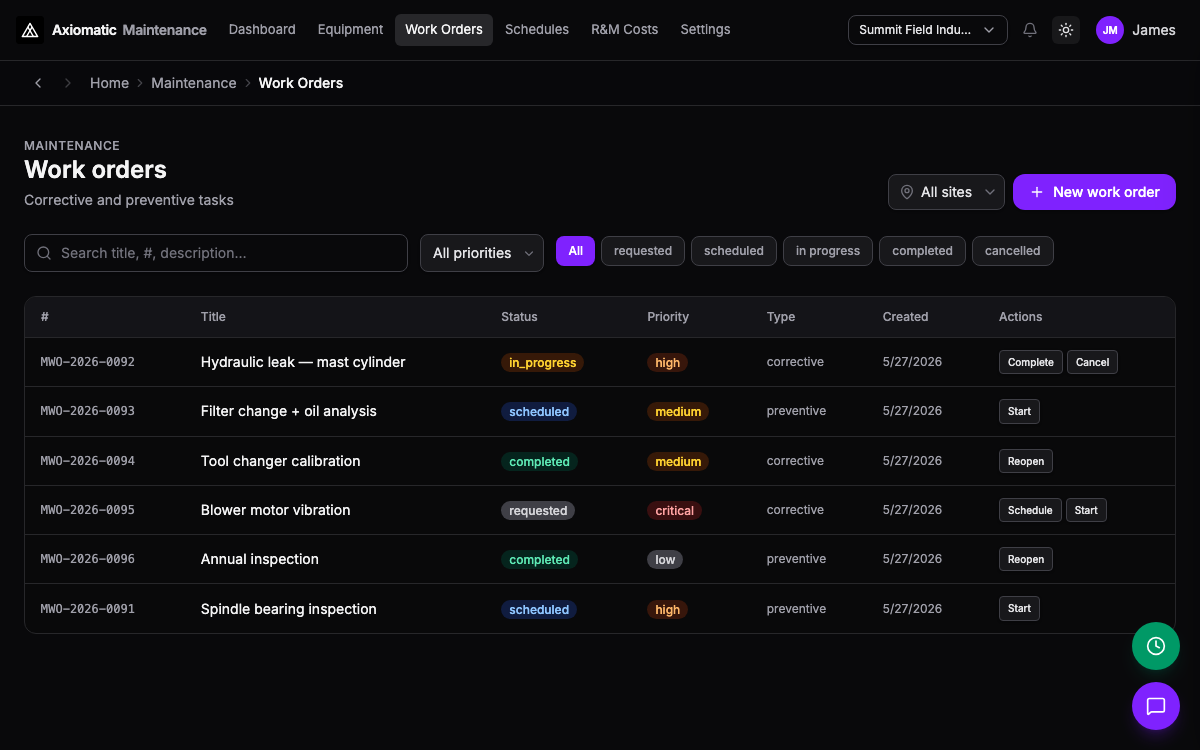 Maintenance — equipment, work orders, and schedules in Axiomatic