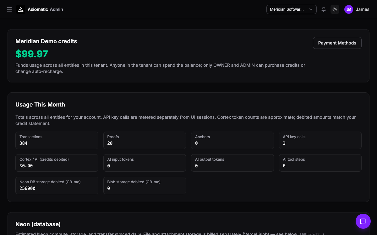 Admin — tenant credits, usage, and prepaid billing in Axiomatic