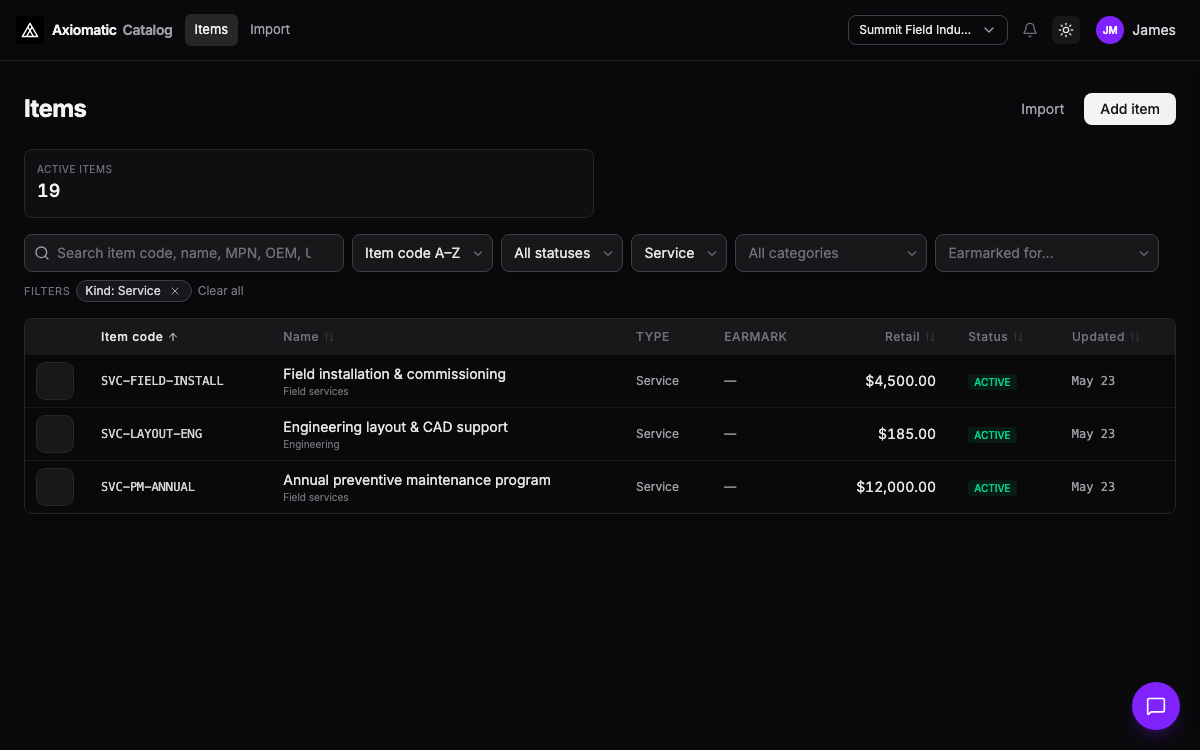Catalog — items, services, and bundles for Sales and Purchasing in Axiomatic