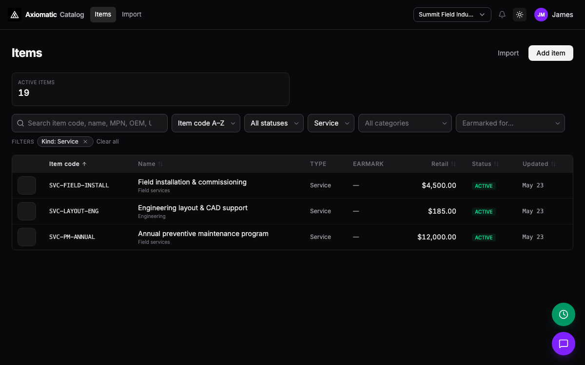 Catalog — items, services, and bundles for Sales and Purchasing in Axiomatic