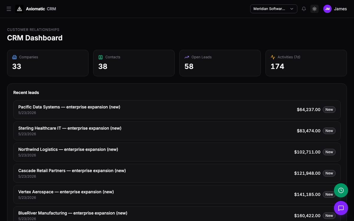 CRM — pipeline, deals, and contacts in Axiomatic