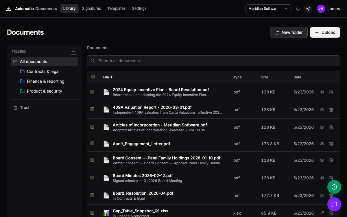 Documents — files linked to ledger and operations in Axiomatic