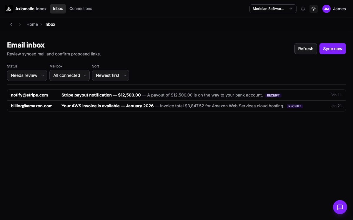 Inbox — synced mail review queue before ledger and CRM posting in Axiomatic