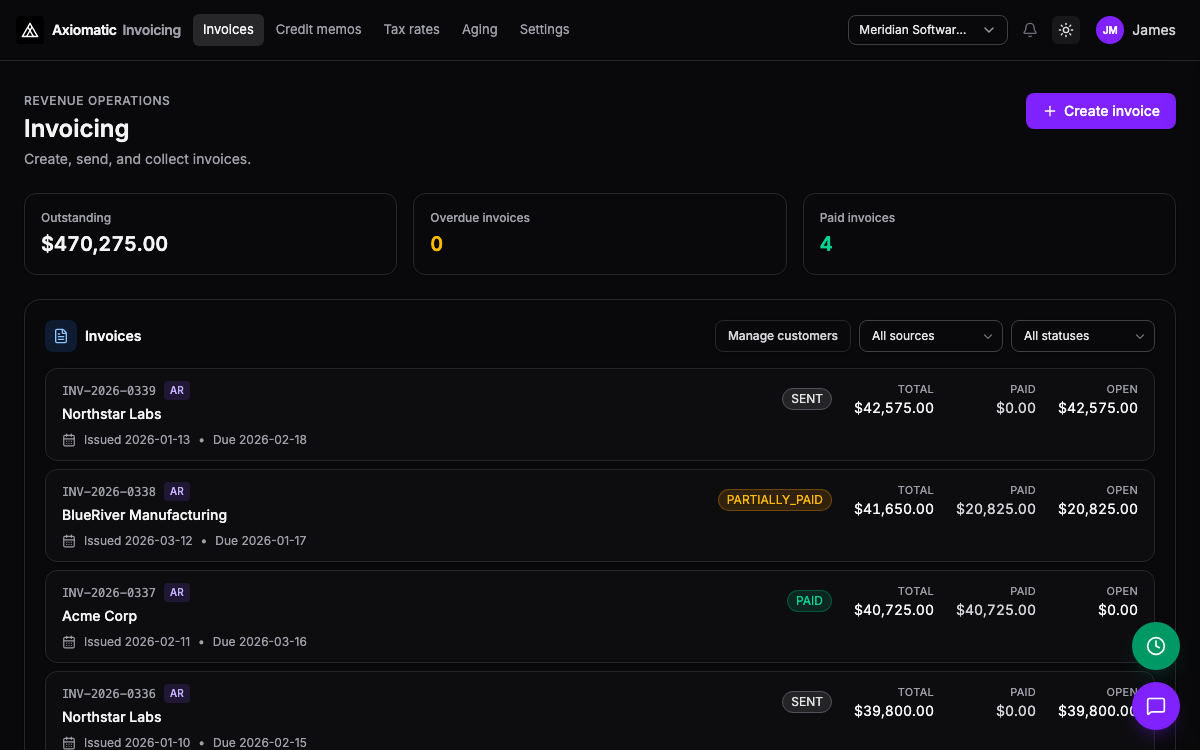 Invoicing — invoices and receivables in Axiomatic