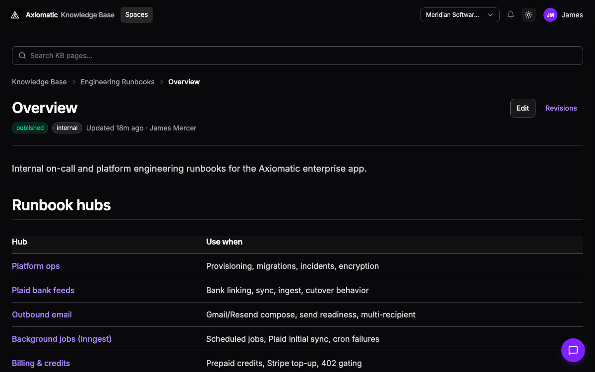 Knowledge Base — spaces, runbook indexes, and published articles with visibility controls in Axiomatic