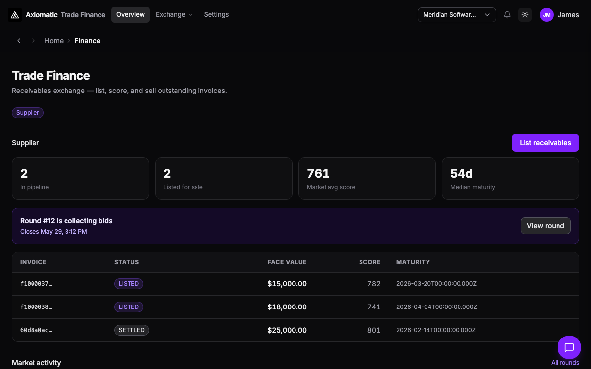 Trade finance — receivables exchange hub with market stats in Axiomatic