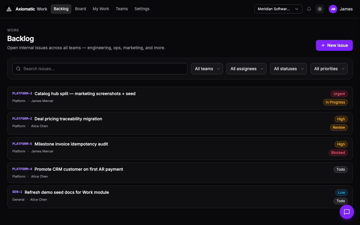 Work — internal backlog, board, and issue tracker in Axiomatic