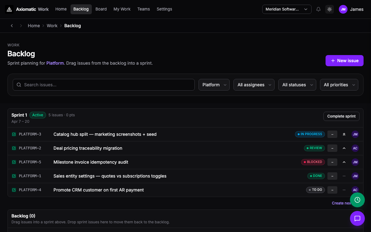Backlog — internal issues, board, and issue tracker in Axiomatic