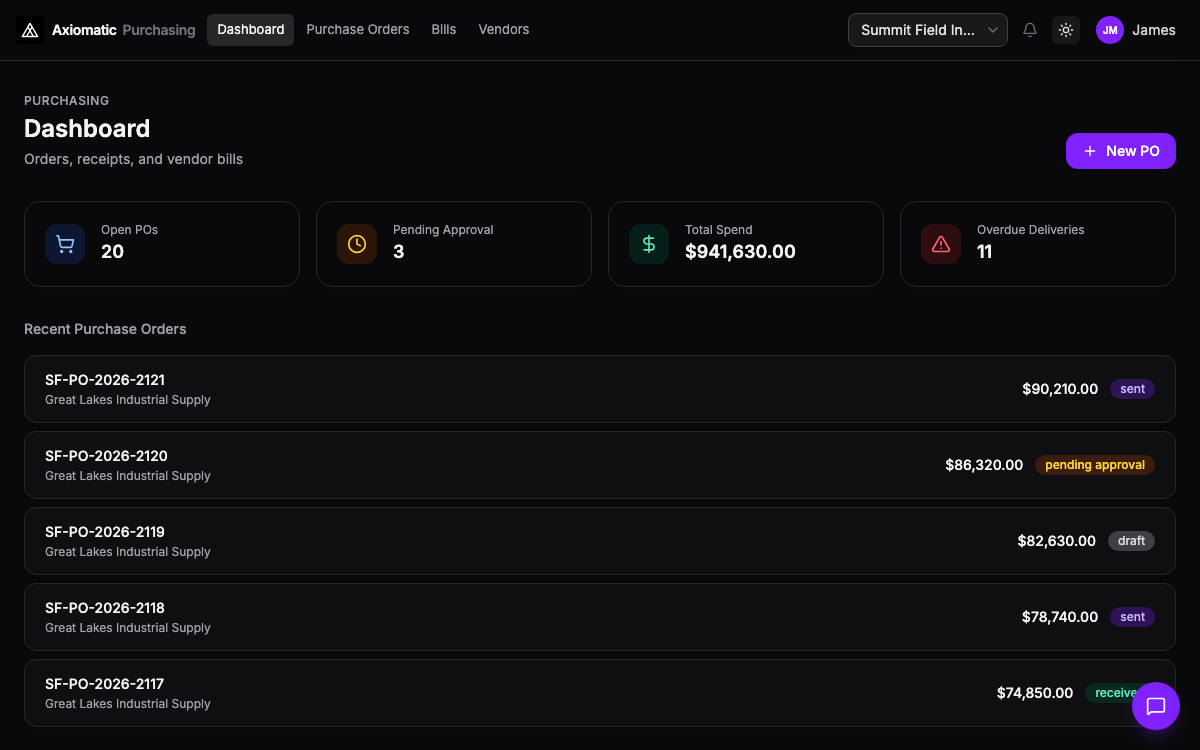 Purchasing — vendors, POs, and bills in Axiomatic