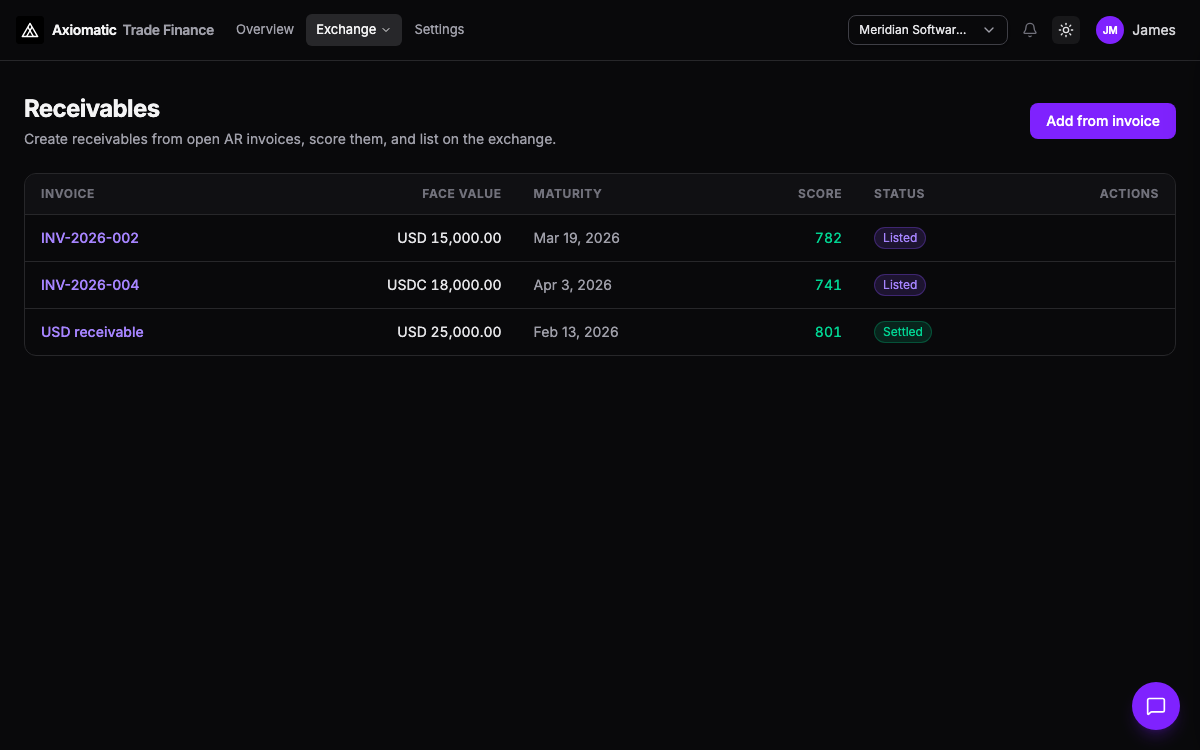 Trade finance — receivables list with scores and listed status in Axiomatic