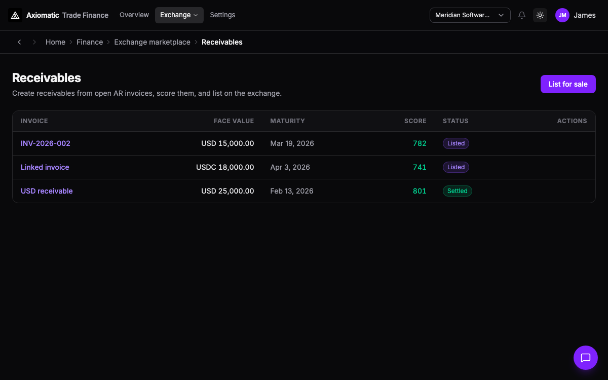 Trade finance — receivables list with scores and listed status in Axiomatic