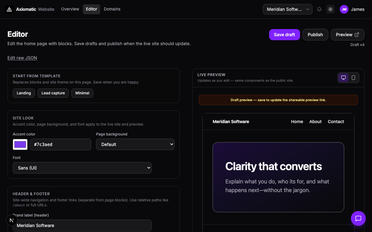 Website — pages, domains, and publishing in Axiomatic
