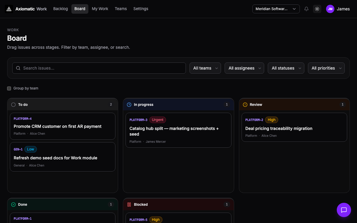 Work — kanban board with priority columns and in-flight Platform team issues in Axiomatic